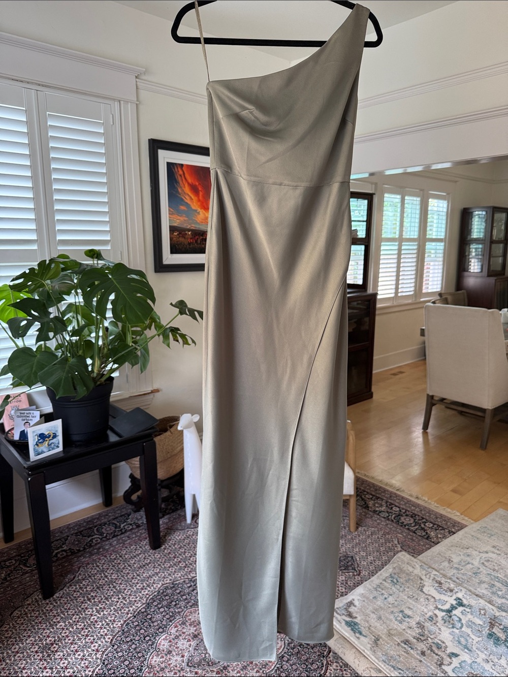 BHLDN Dylan Stretch Satin One-Shoulder Side Slit Gown, Sage, Size 2